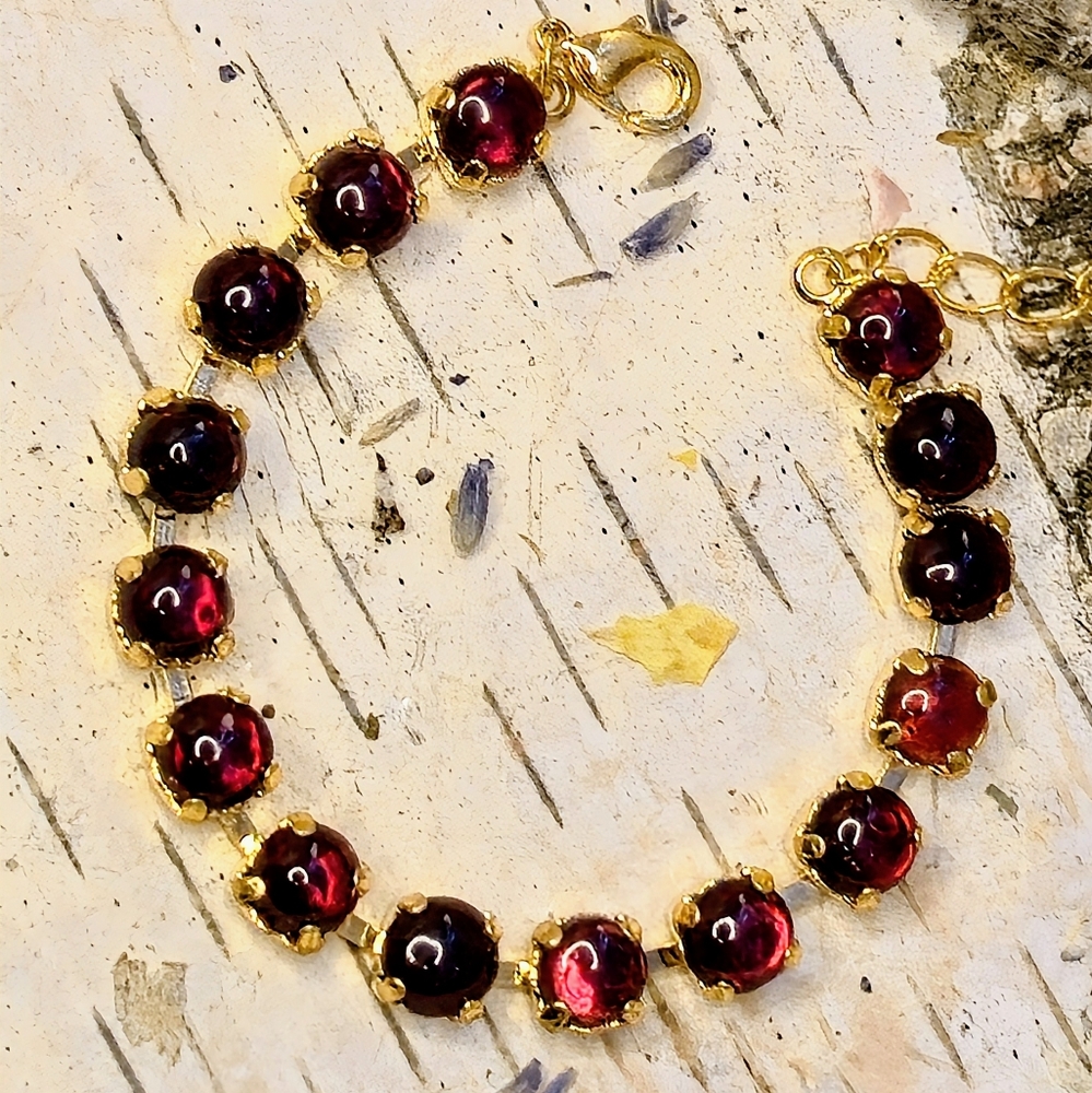 Natural Garnet 15 Total Carats In Classic Gold Plated Tennis Bracelet